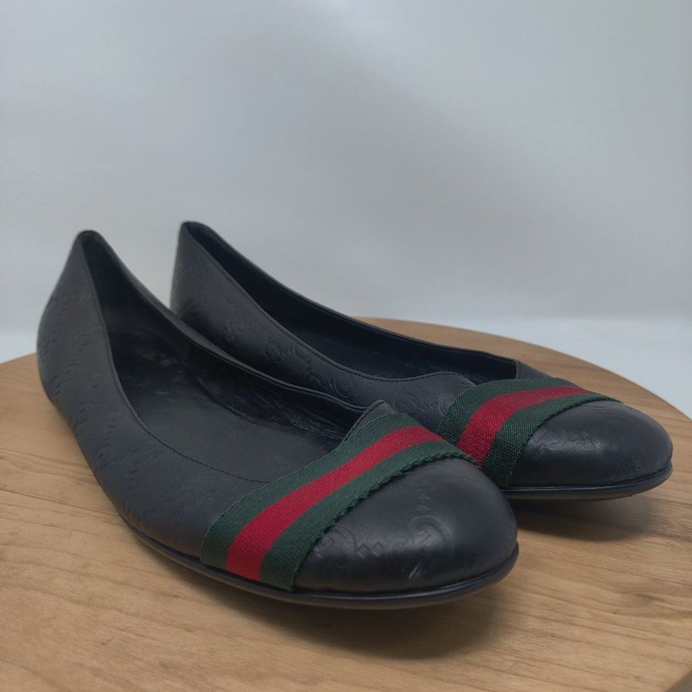 GUCCI ❤️💚 Guccissima Leather Web Stripe Ballet Flats Womens Size9.5 Blk 253315 - Picture 2 of 15